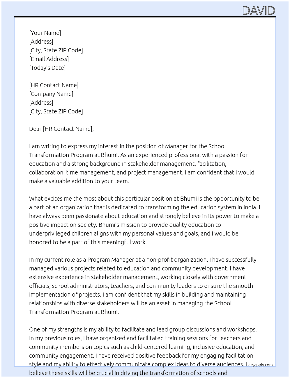 Manager - School Transformation Program At Bhumi Cover Letter