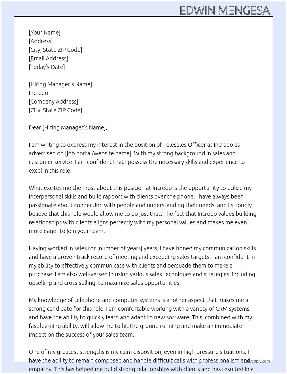 Telesales Officer  At Incredo  Cover Letter