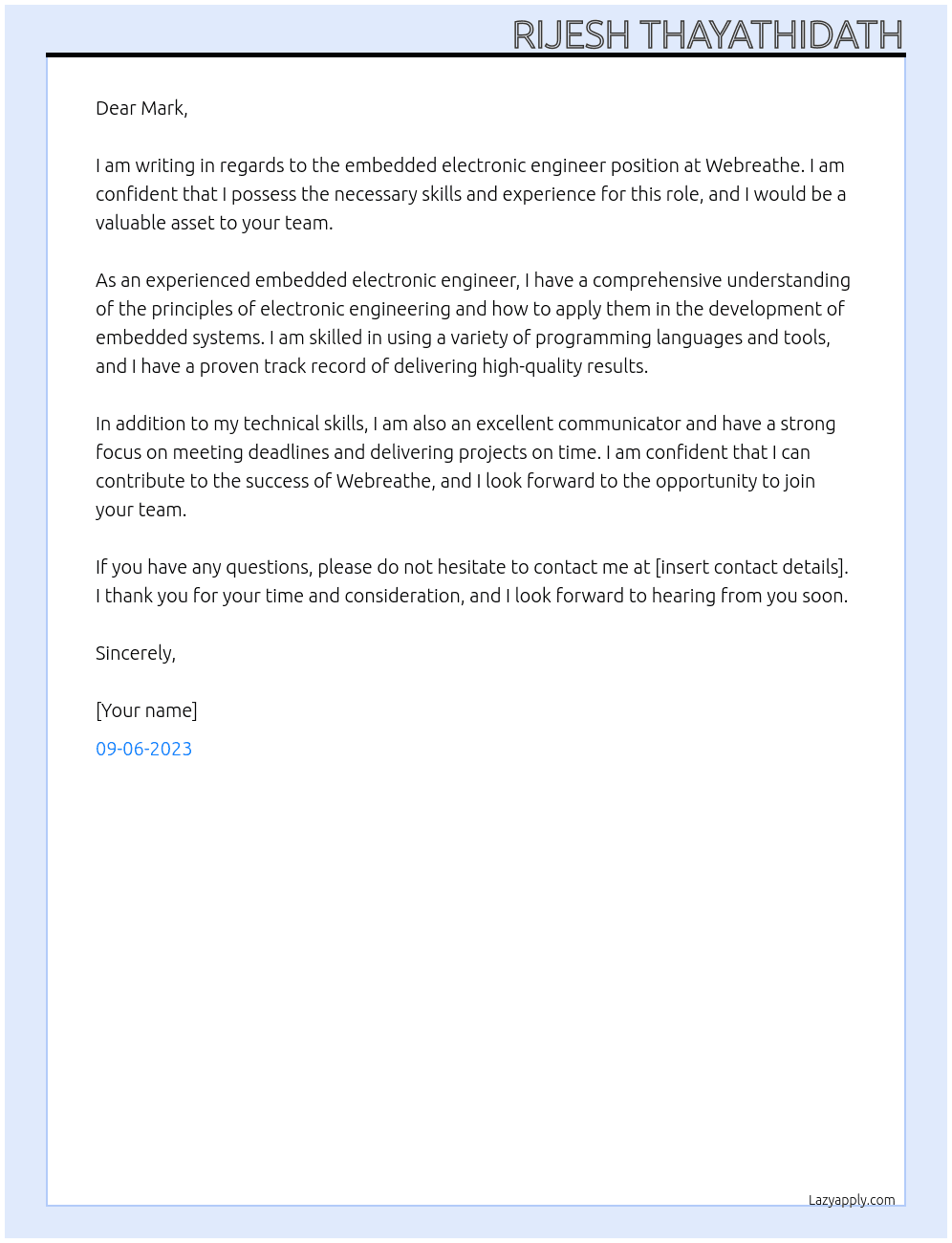 Embedded Electronic Engineer At Webreathe Cover Letter