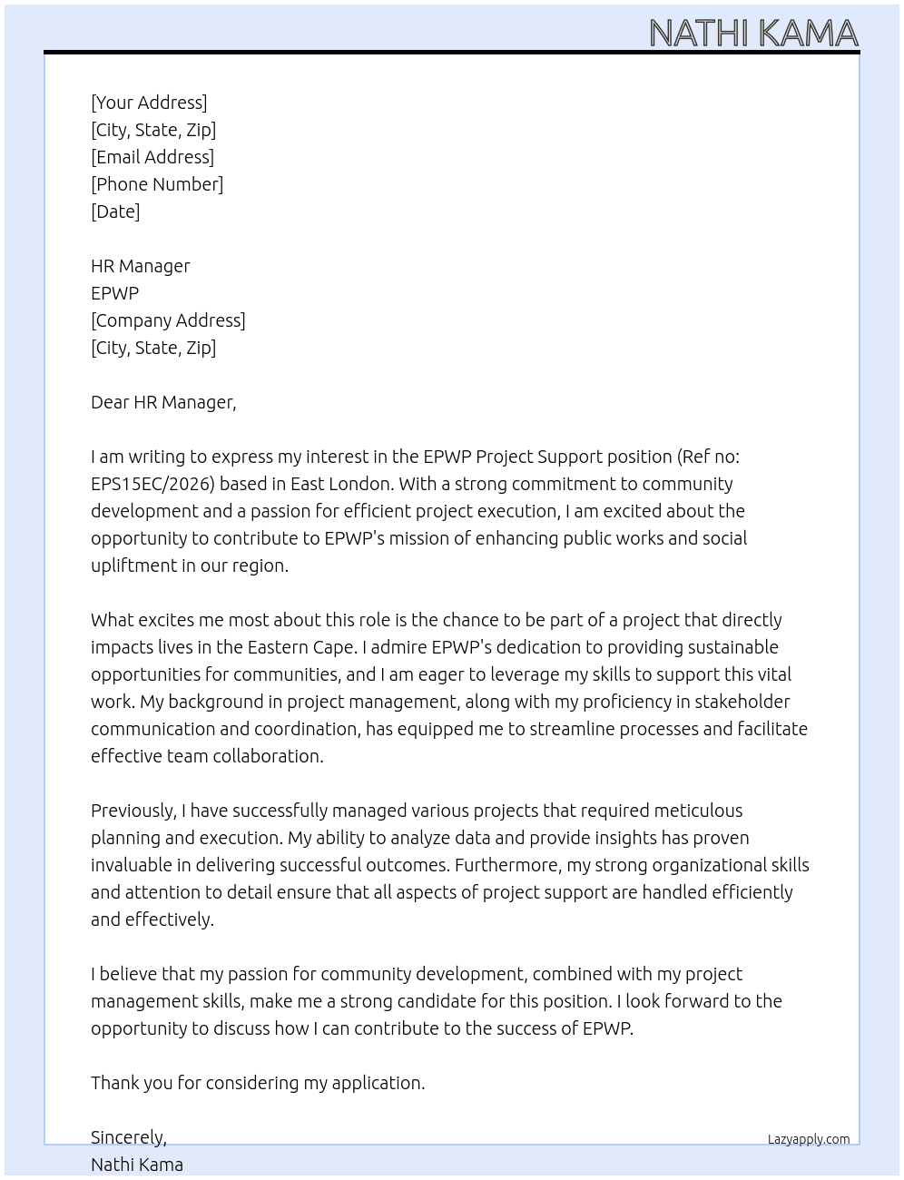 EPWP  Project Support  At EPWP Cover Letter