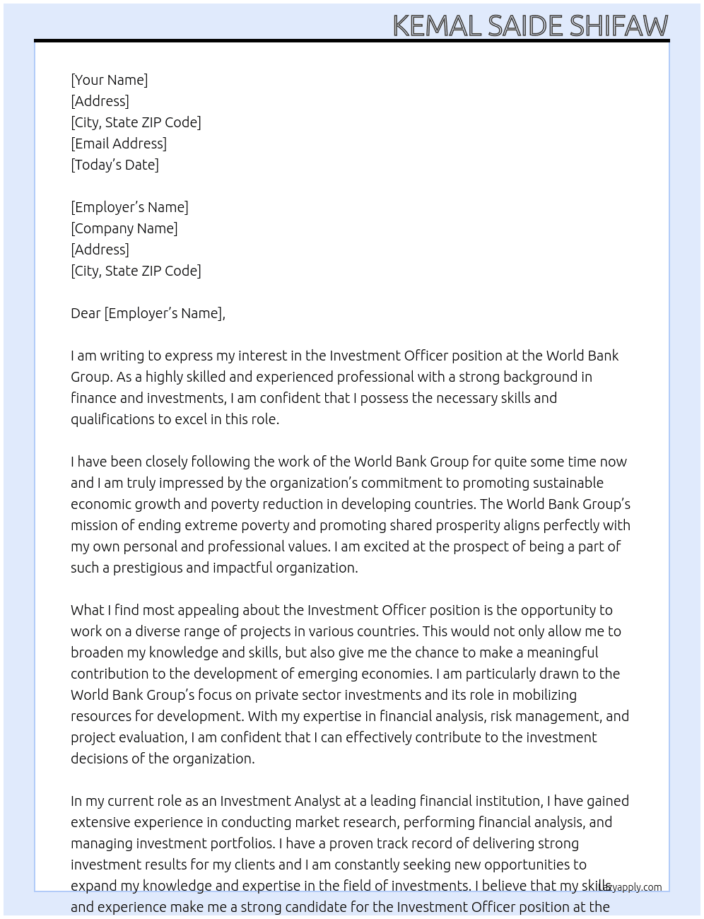 Investment officer At World Bank Group Cover Letter