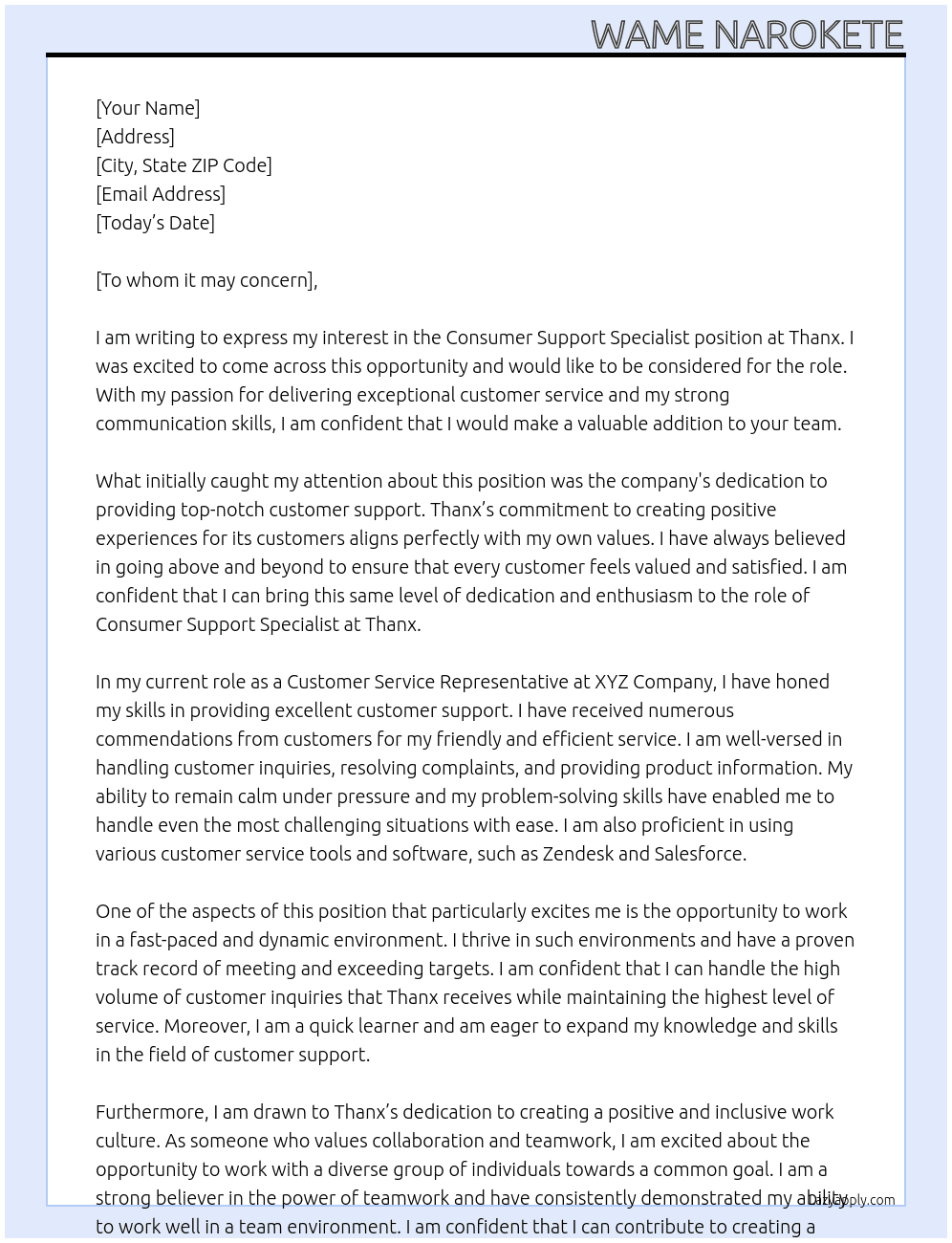 Consumer Support Specialist At Thanx Cover Letter