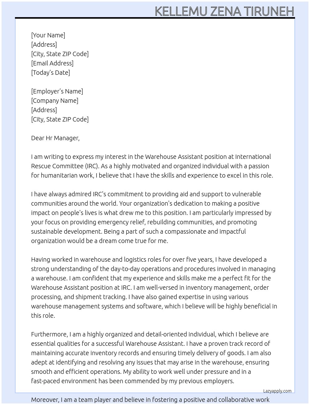 Warehouse Assistant At International Rescue Committee (IRC) Cover Letter