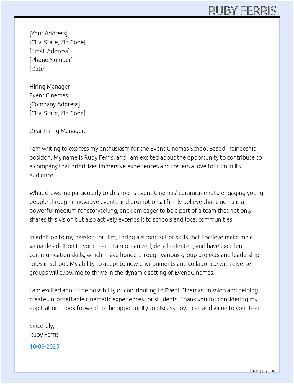 Cover letter for event cinemas school based traineeship - LazyApply