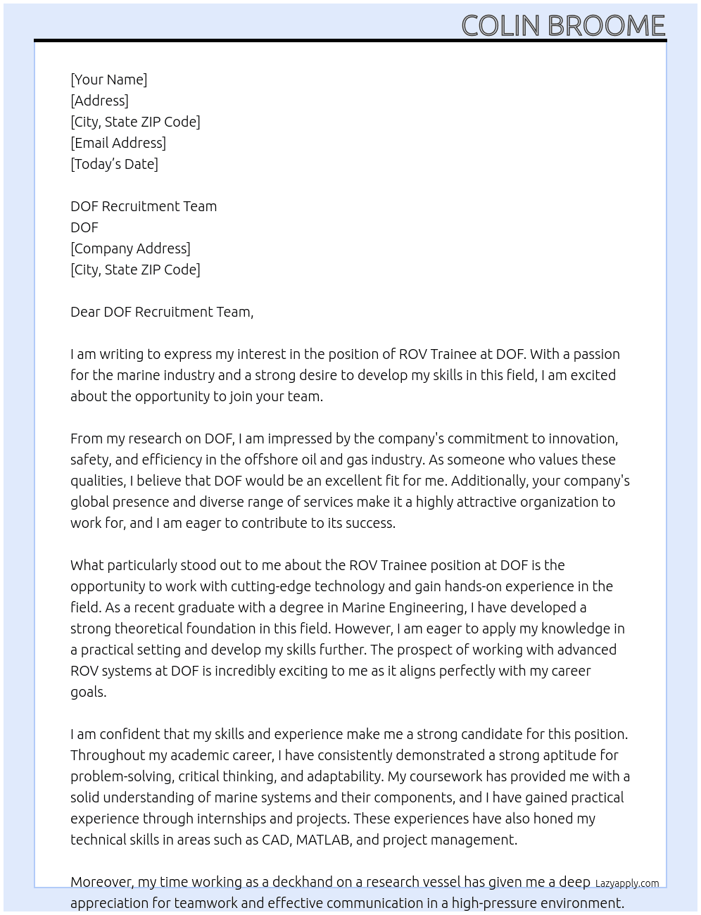 ROV trainee At DOF Cover Letter