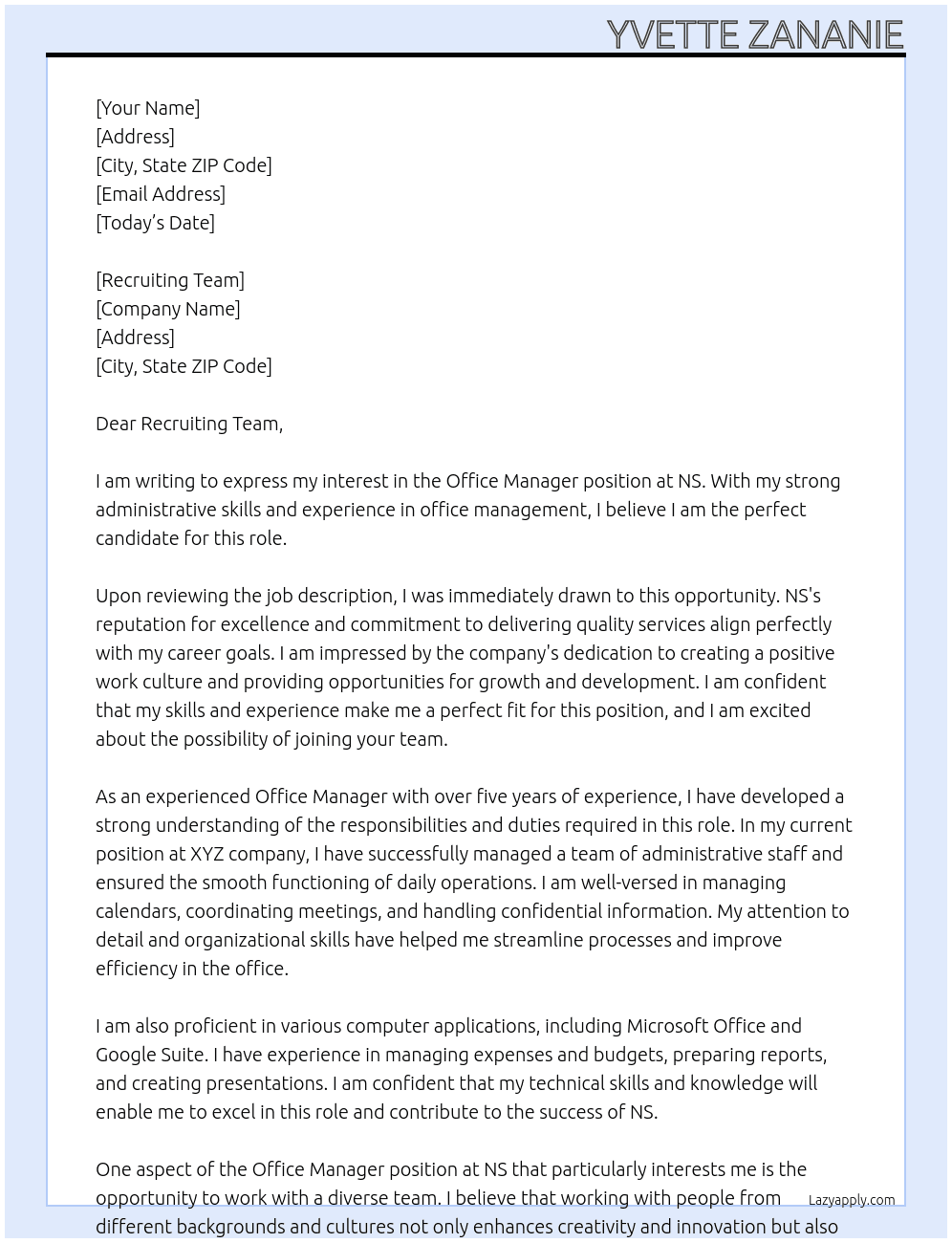Office Manager At NS Cover Letter