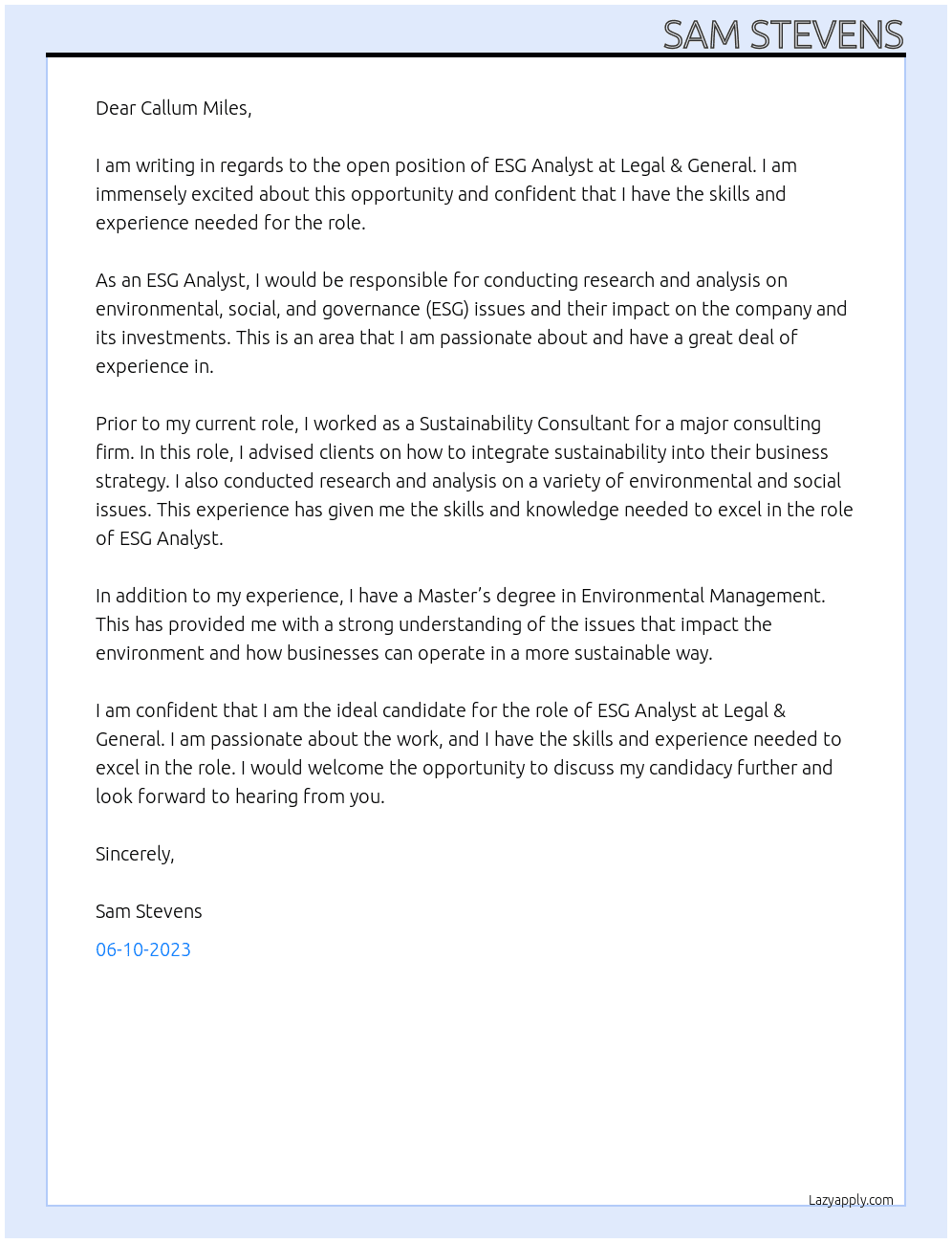 ESG Analyst At Legal & General Cover Letter
