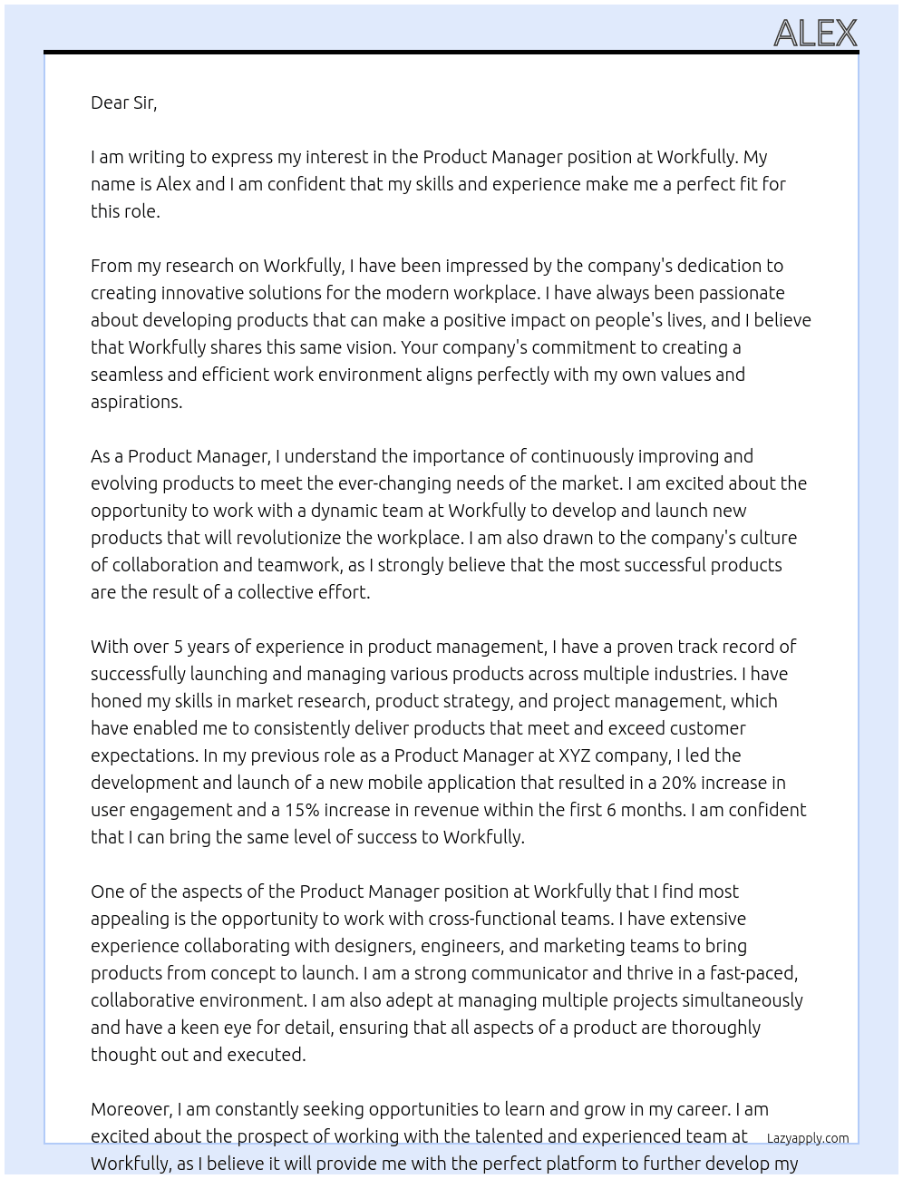Product manager At Workfully Cover Letter