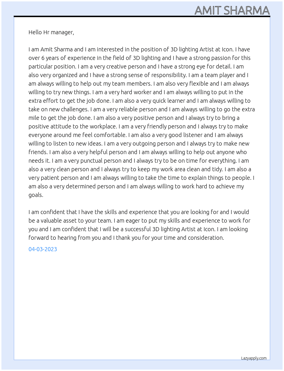 3D lighting Artist At Icon Cover Letter
