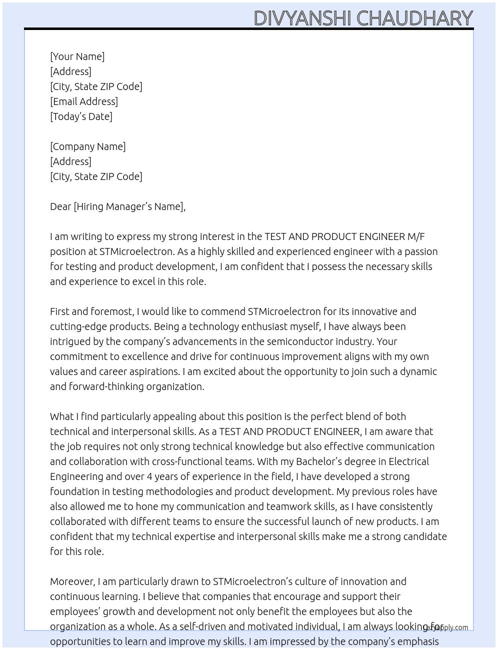 TEST AND PRODUCT ENGINEER M/F At STMicroelectron Cover Letter