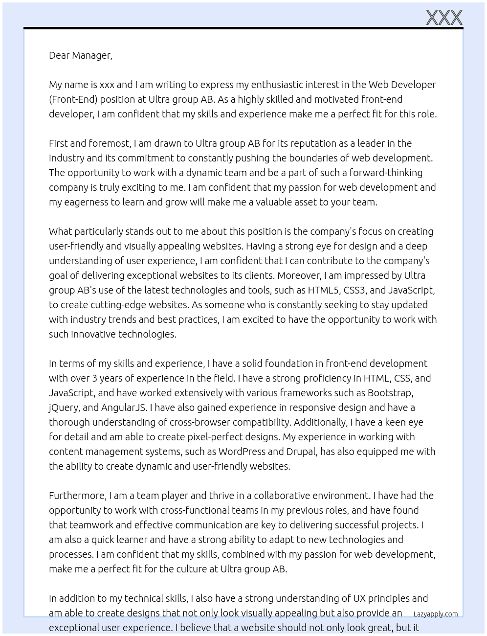 Web Developer (Front-End) At Ultra group AB Cover Letter