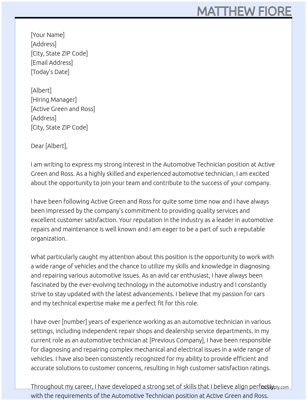 Cover letter for automotive techinician - LazyApply