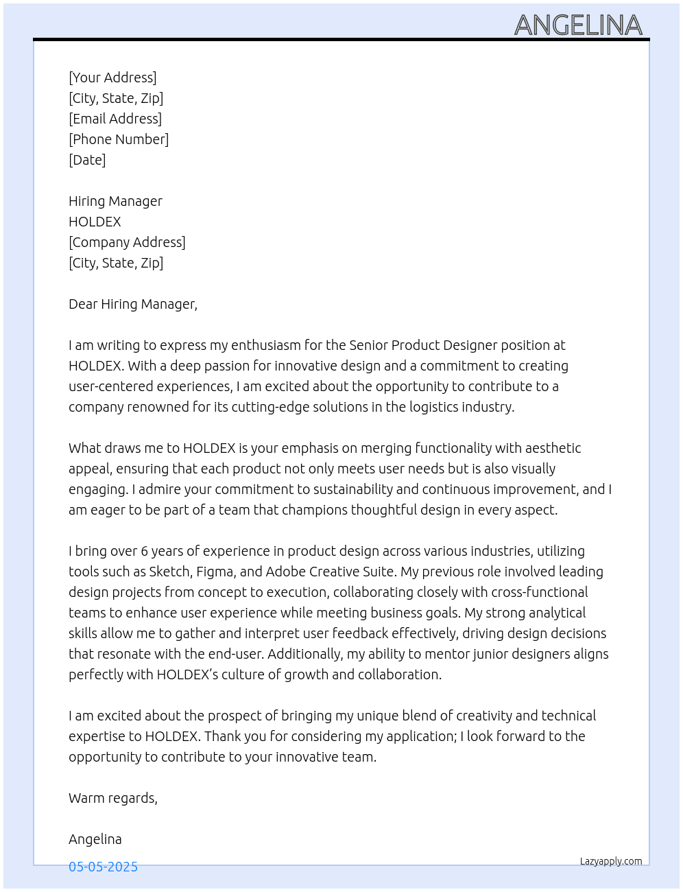 SENIOR PRODUCT DESIGNER  At HOLDEX Cover Letter