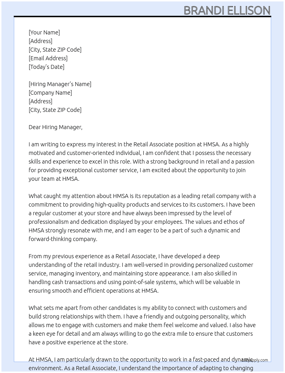 Retail Associate At HMSA Cover Letter