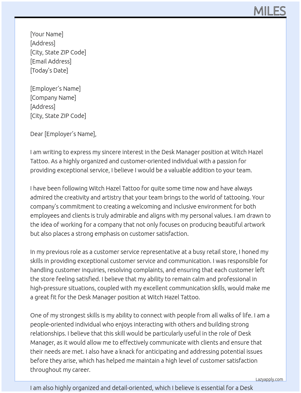 Desk Manager At Witch Hazel Tattoo Cover Letter
