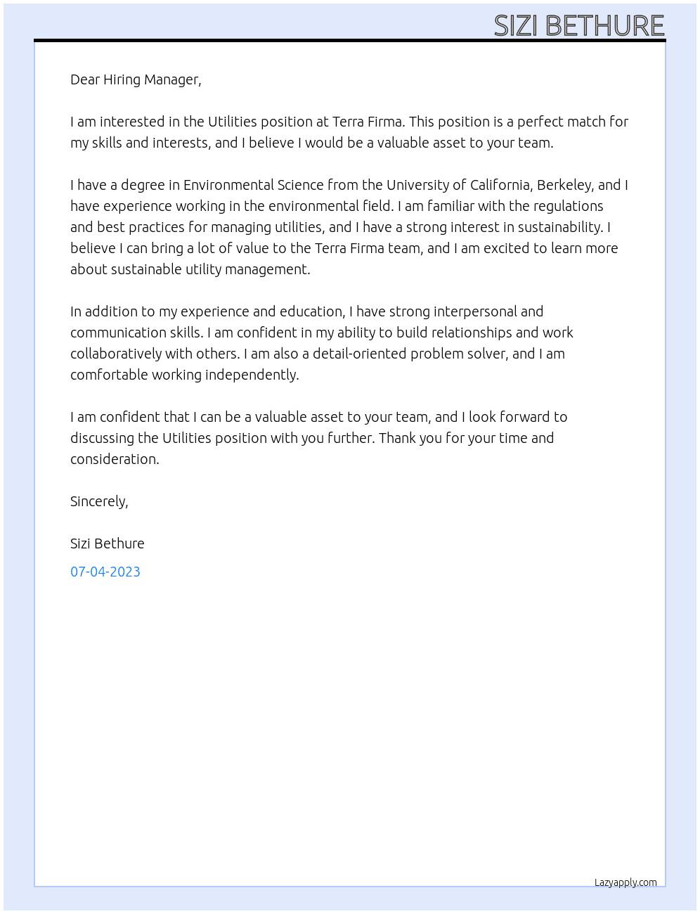 Utilities At Terra Firma Cover Letter