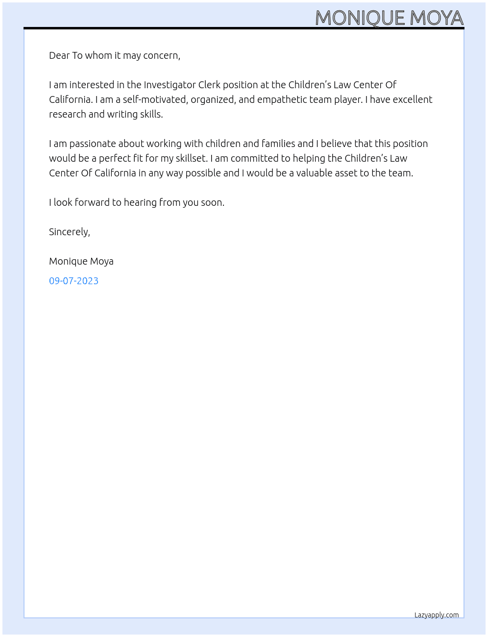 Investigator Clerk At Children’s Law Center Of California  Cover Letter