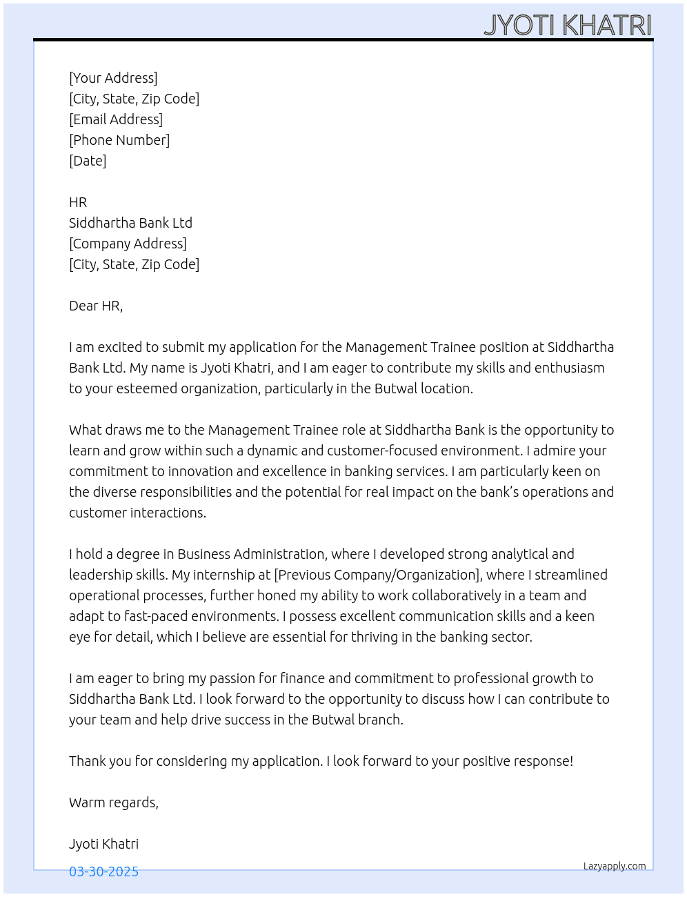 Management Trainee At Siddhartha bank ltd Cover Letter
