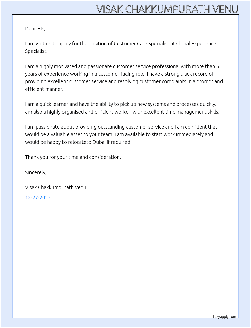 Customer Care Specialist At Clobal Experience Specialist Cover Letter