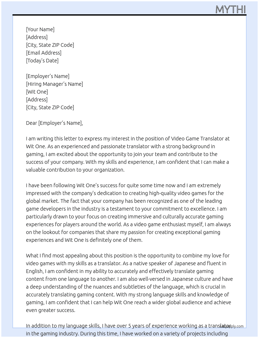 Video game translator At Wit One Cover Letter