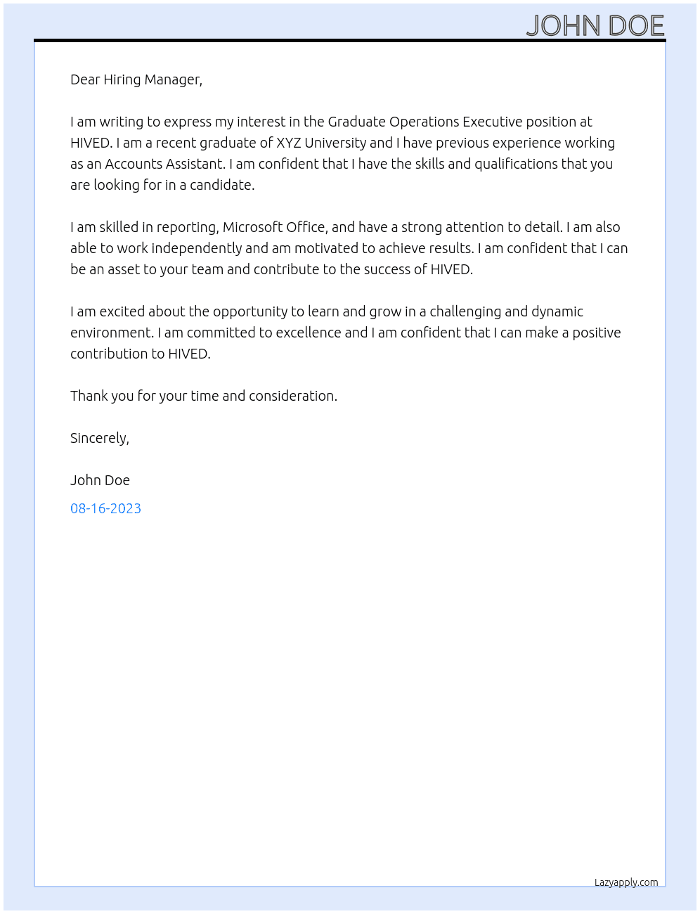 Graduate Operations Executive At HIVED Cover Letter