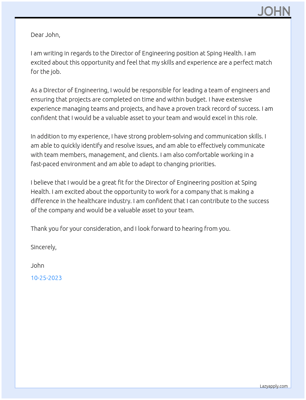 Director of Engineering  At Sping Health Cover Letter