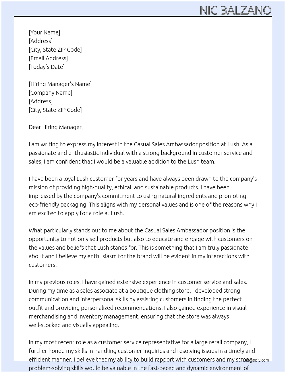 Casual Sales Ambassador At Lush Cover Letter
