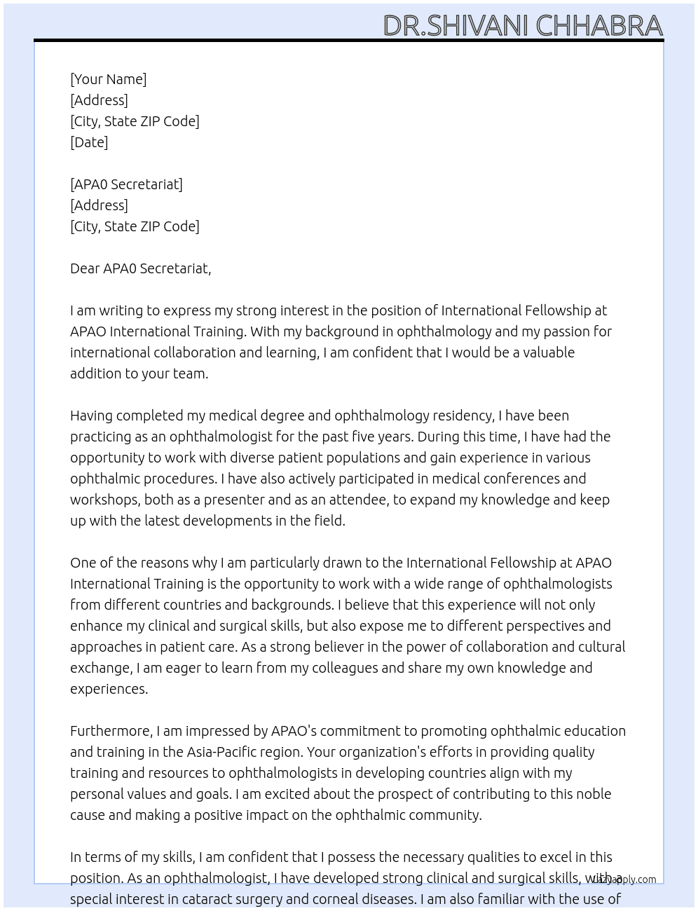 International Fellowship  At APAO international training Cover Letter