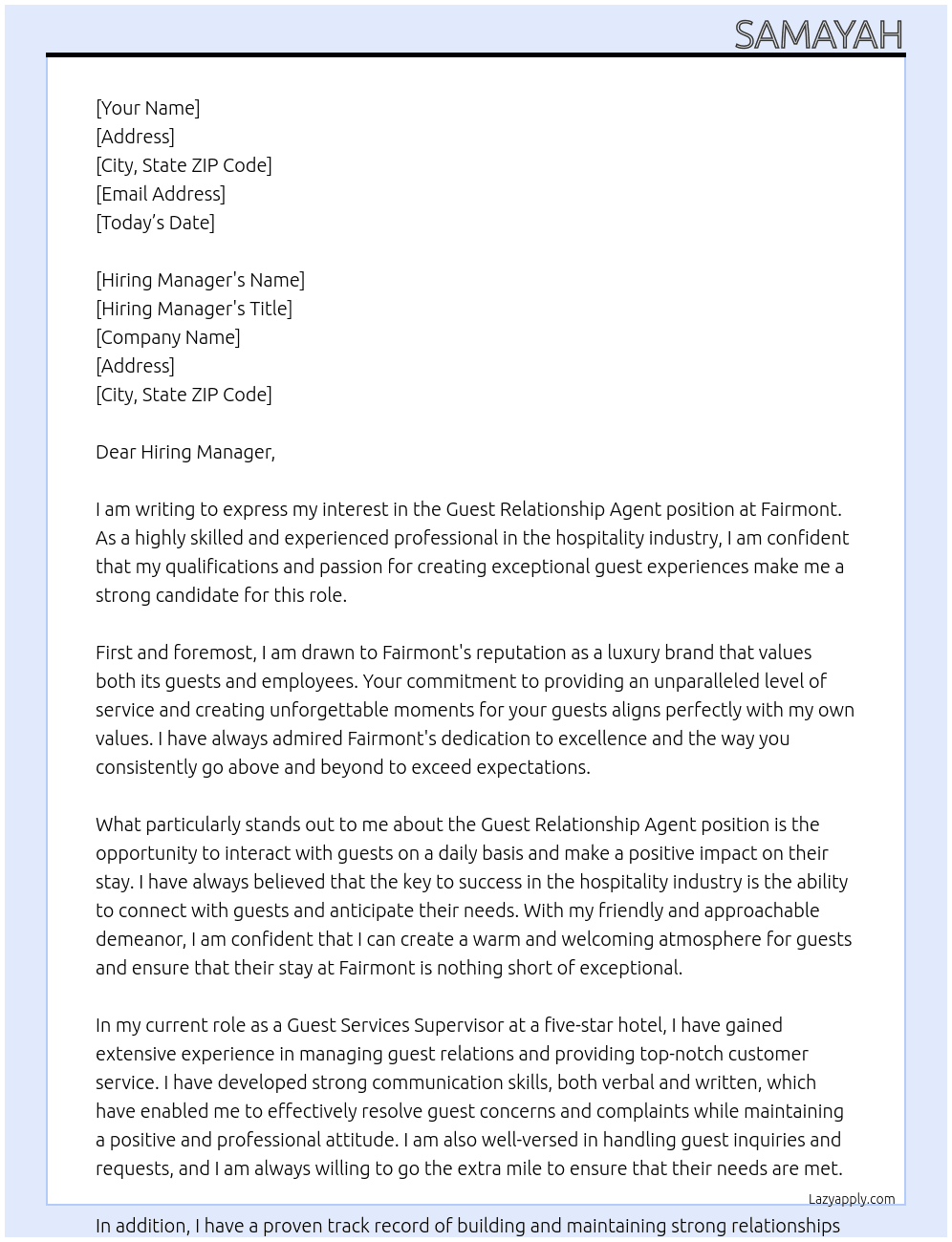 Cover letter for guest relationship agent - LazyApply