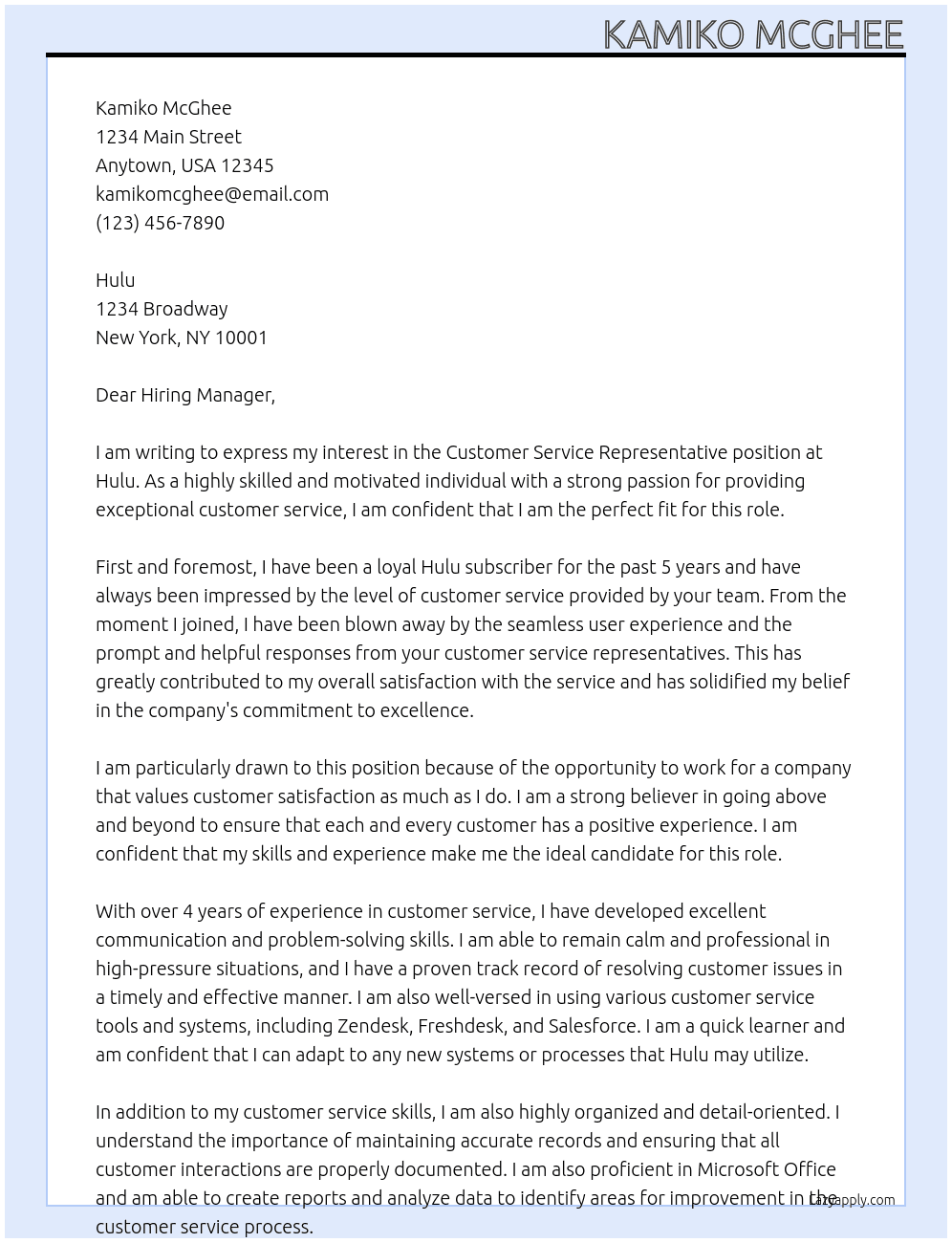 Customer service representative  At Hulu Cover Letter
