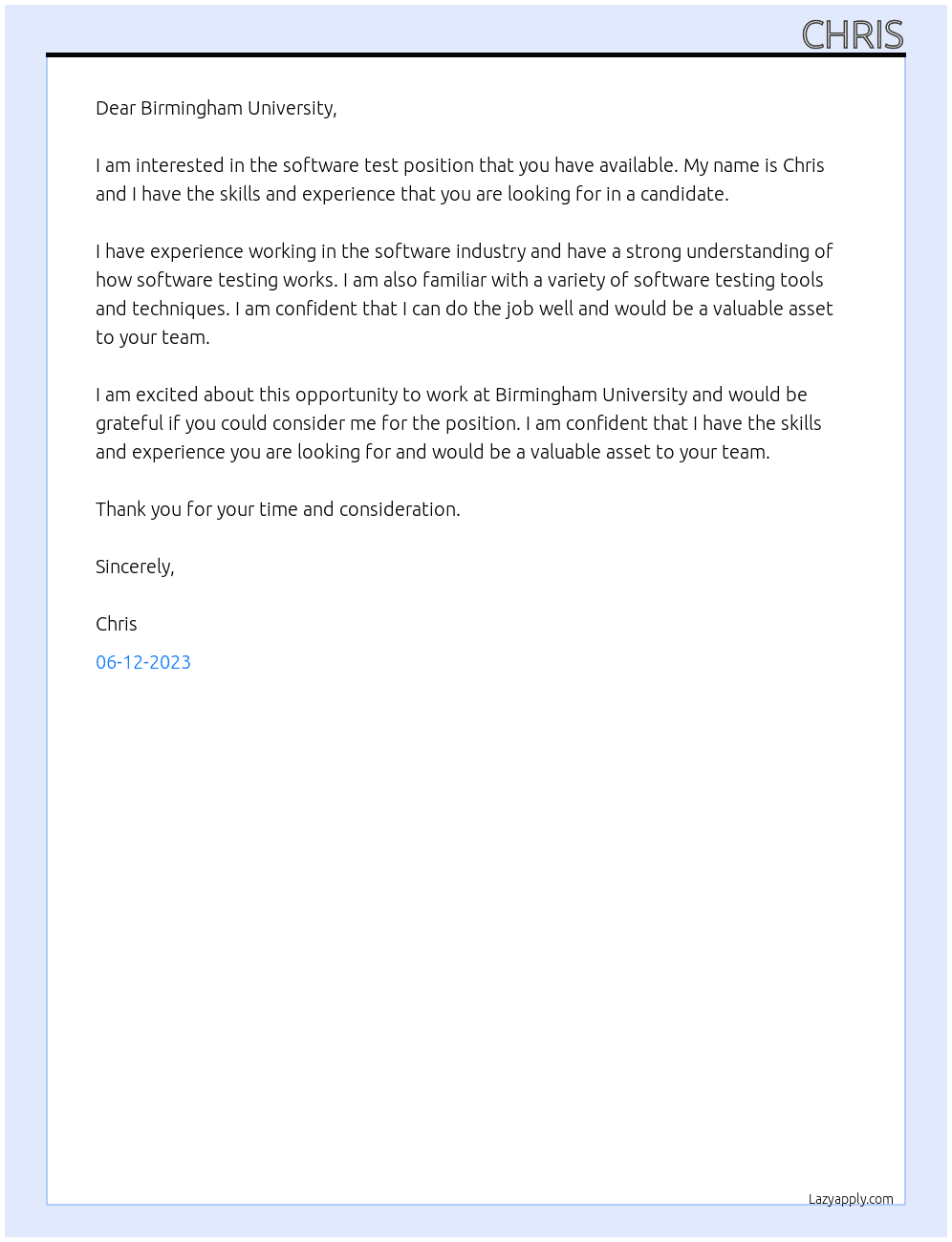 software test At Birmingham University Cover Letter