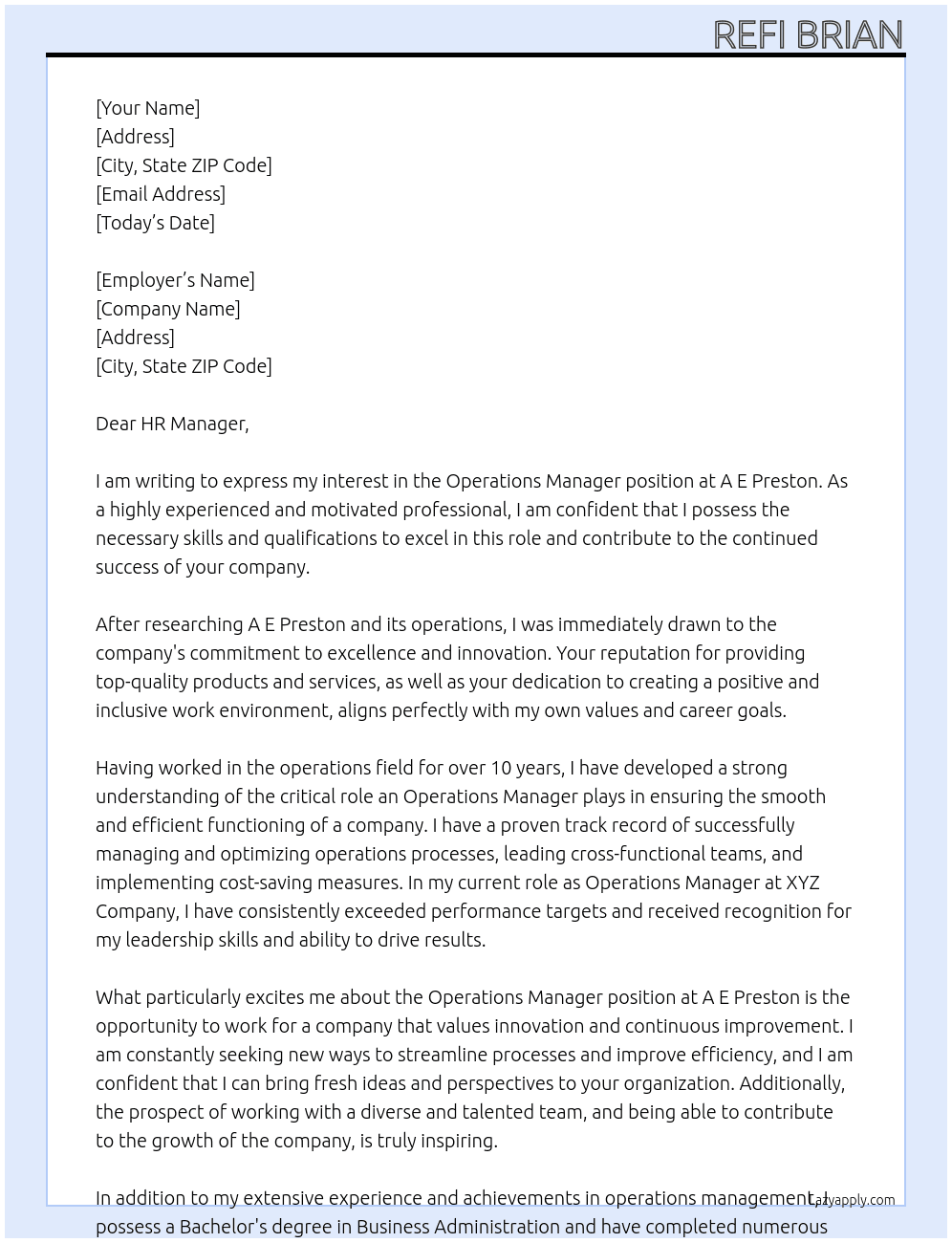 Operations Manager At A E Preston Cover Letter