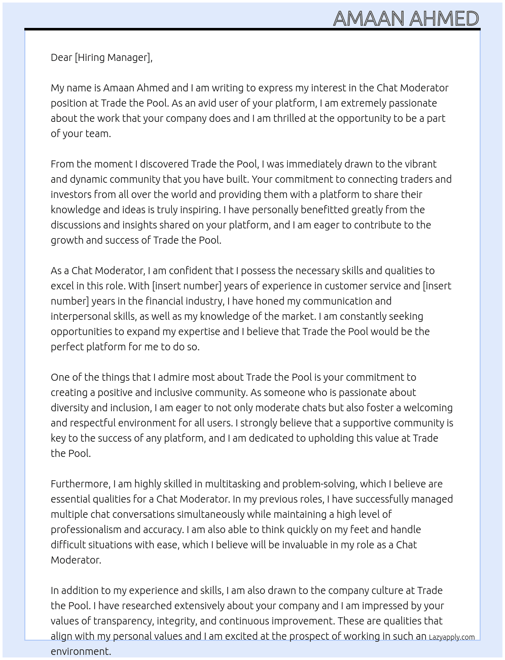 Chat Moderator At Trade the pool Cover Letter