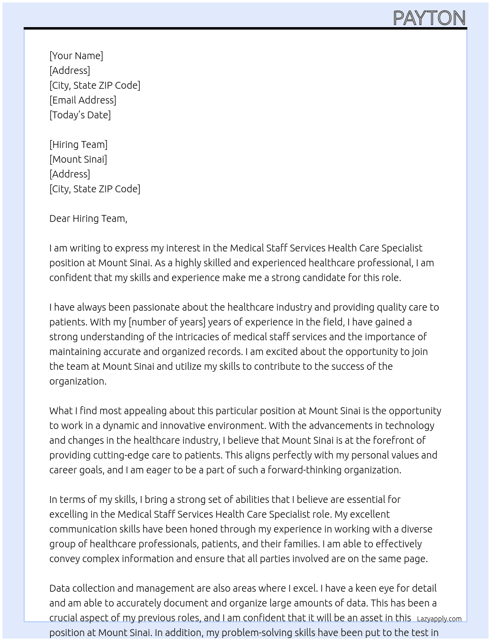 Medical Staff Services Health Care Specialist At Mount Sinai Cover Letter