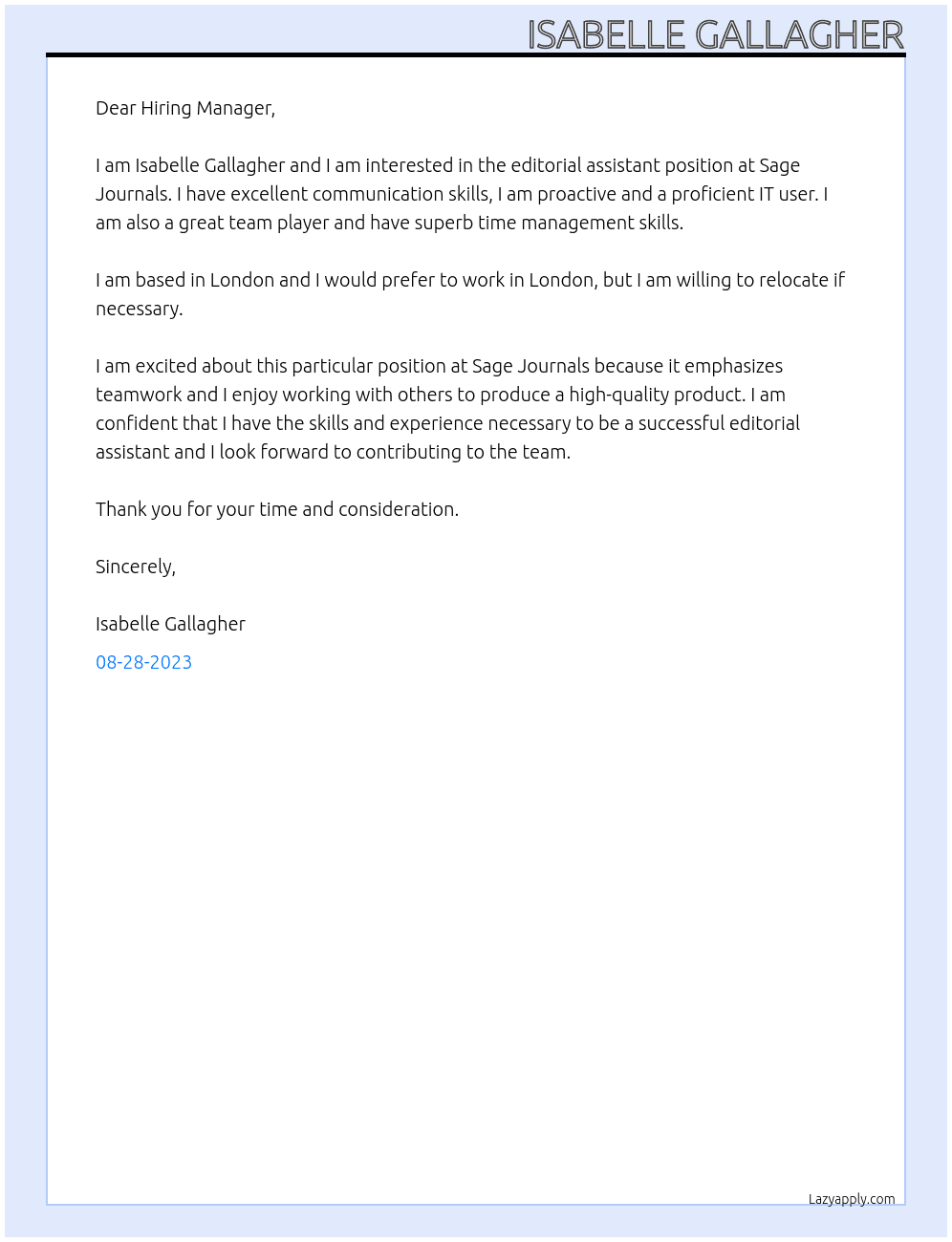 Editorial assistant Journals At Sage Journals  Cover Letter