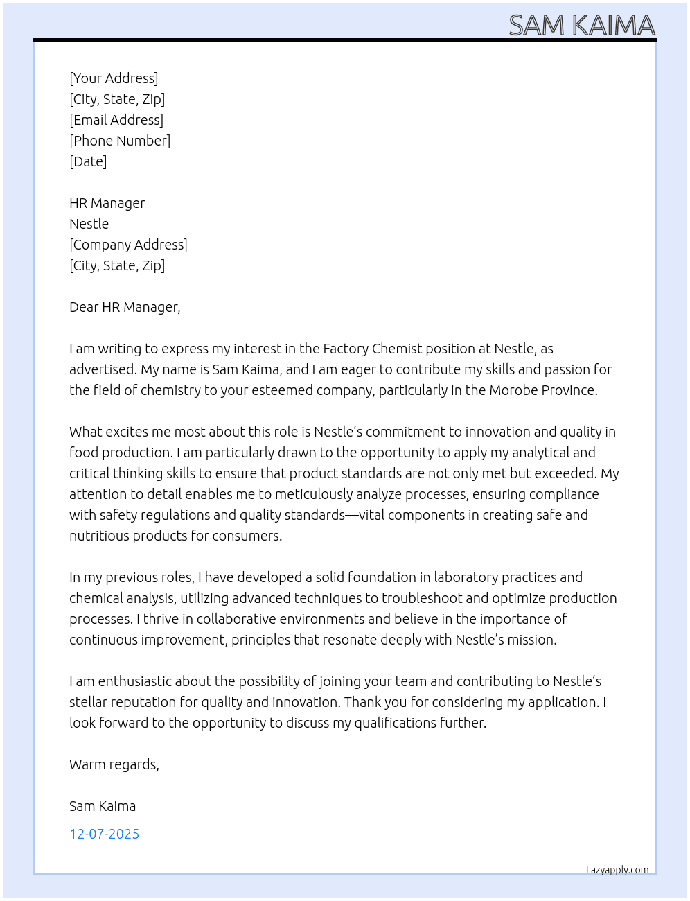 Cover letter for factory chemist - LazyApply