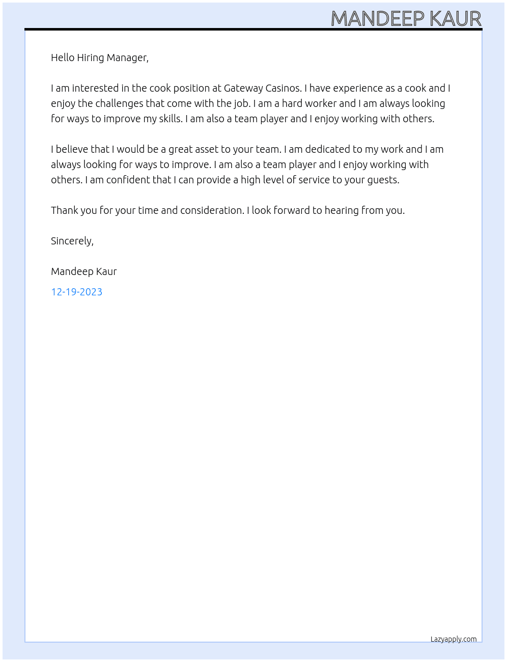 Cook At Gateway Casinos Cover Letter