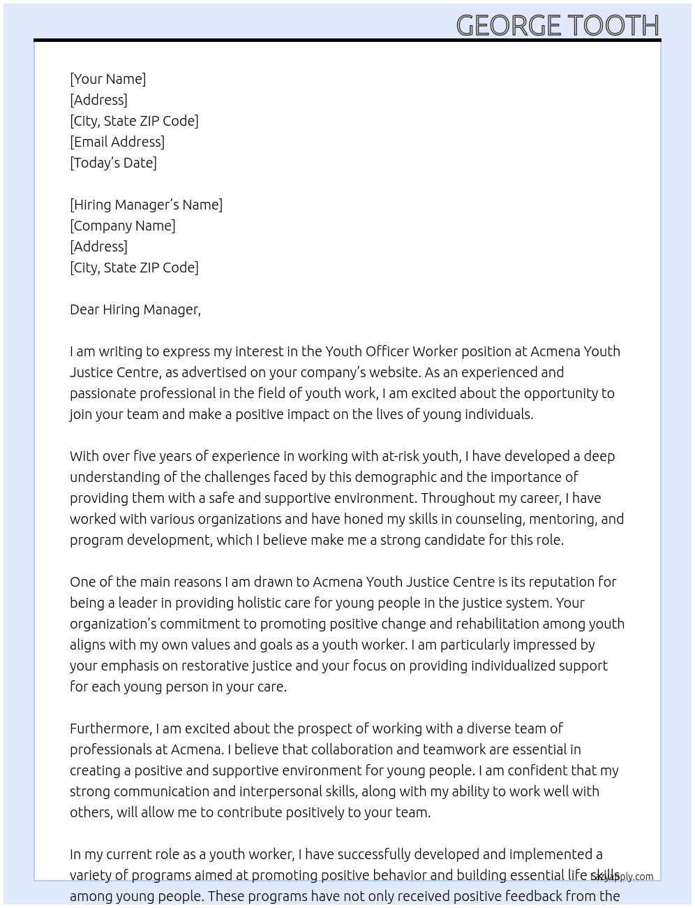 Youth officer worker At Acmena Youth Justice Centre Cover Letter
