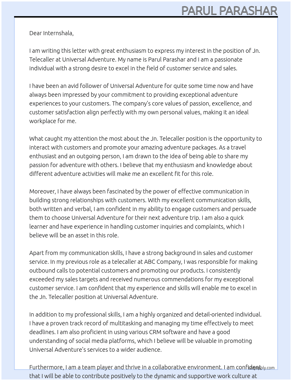 Jn. telecaller At universal adventure Cover Letter