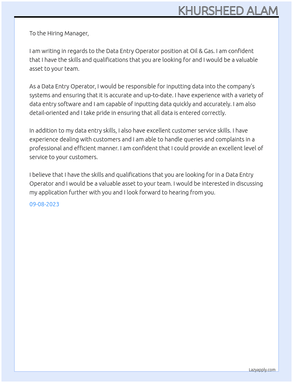 Data Entry Operator  At Oil & Gas  Cover Letter