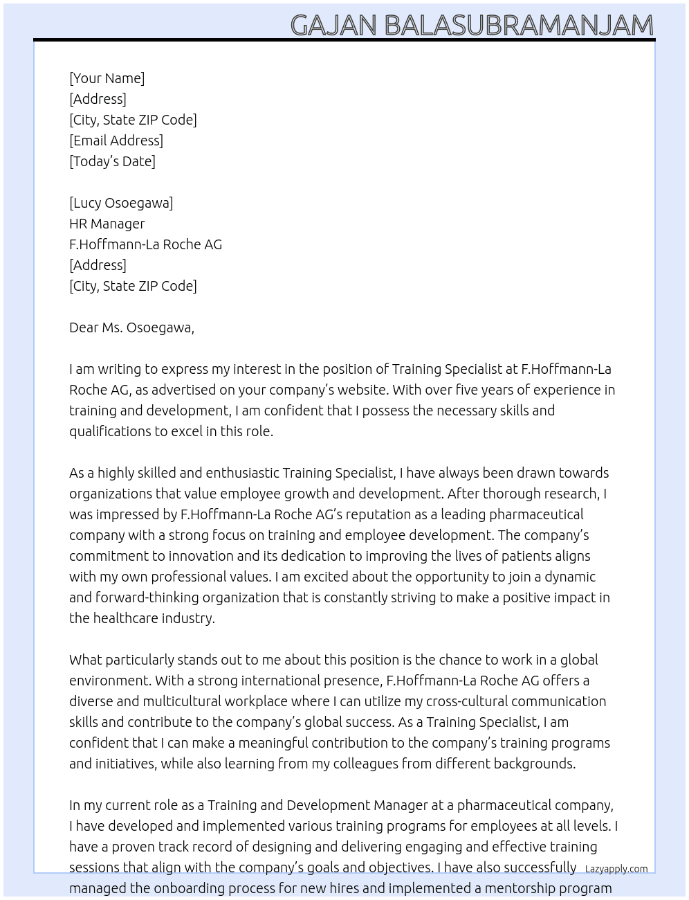 Training Specialist At F.Hoffmann-La Roche AG Cover Letter