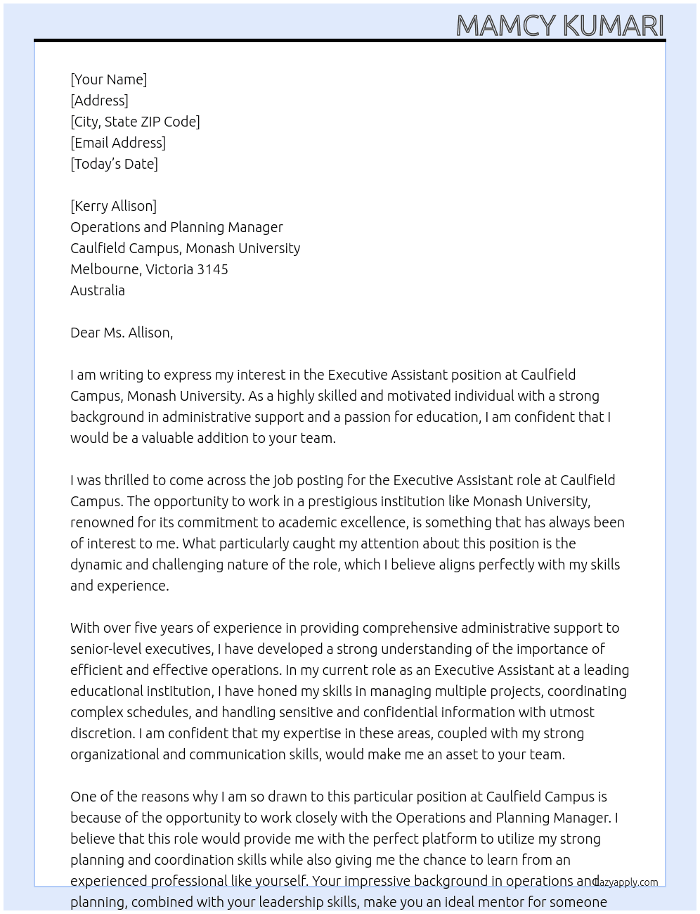Executive Assistant  At Caulfield Campus, Monash University,  Cover Letter