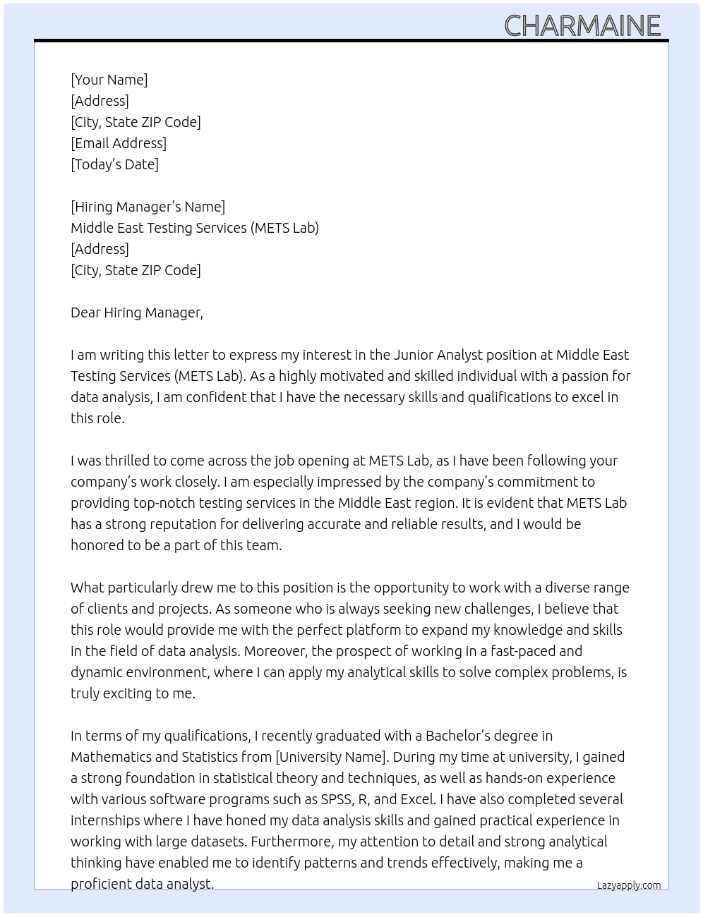 Junior Analyst  At Middle East Testing Services (METS Lab) Cover Letter