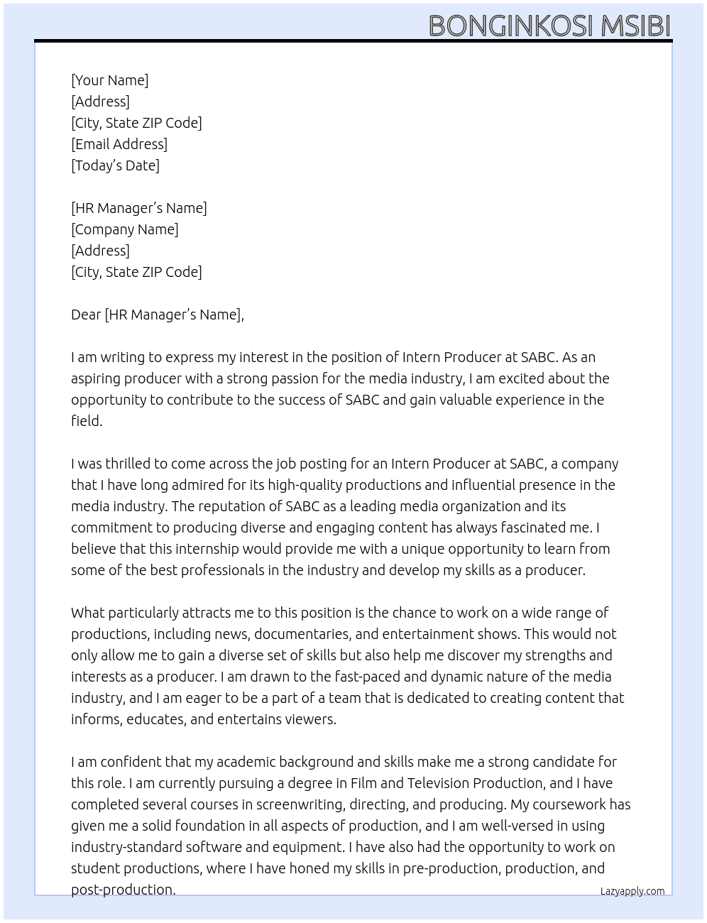 Intern Producer At SABC Cover Letter