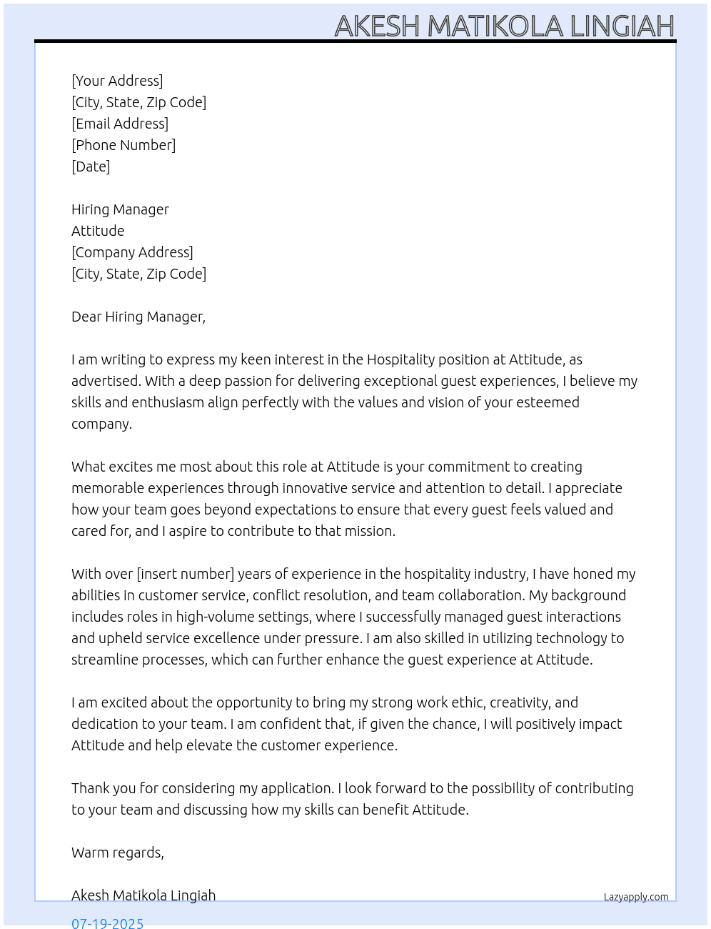 Cover letter for hospitality - LazyApply