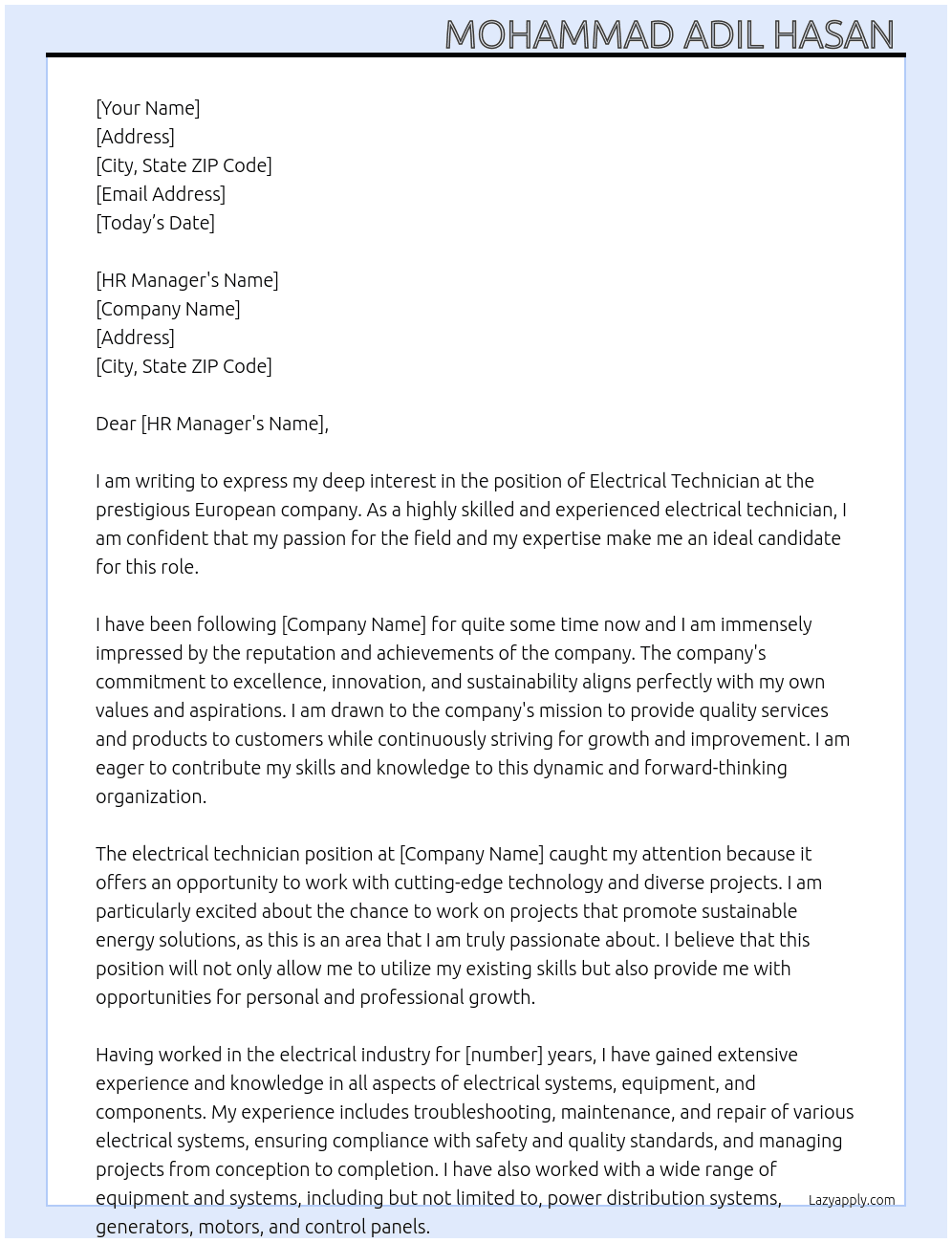 Electrical technician  At European company  Cover Letter