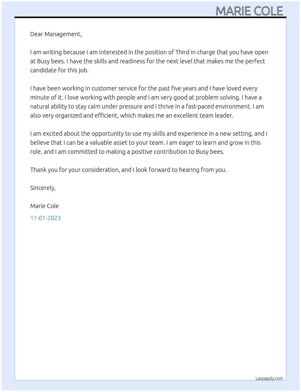 Third in charge At Busy bees  Cover Letter