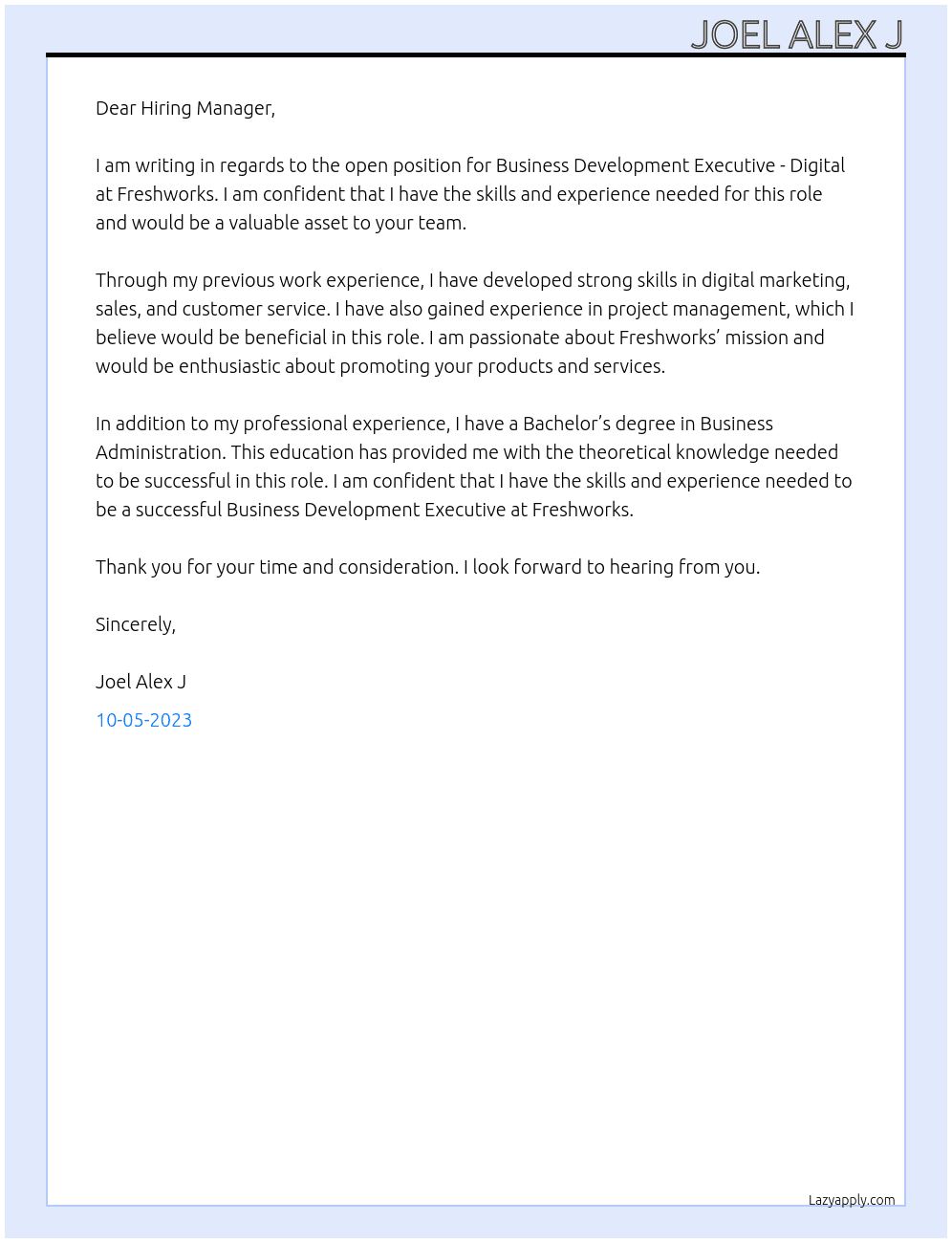 Business Development Executive - Digital At Freshworks Cover Letter