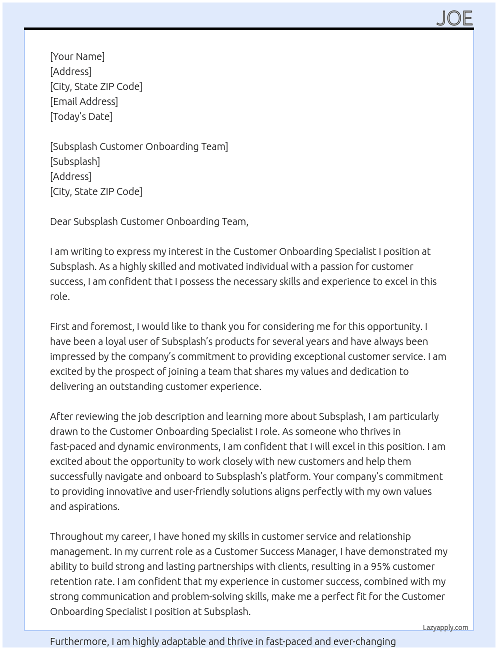 Customer Onboarding Specialist I At Subsplash Cover Letter