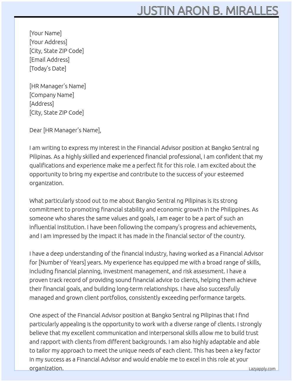 Financial Advisor  At Bangko Sentral ng Pilipinas Cover Letter